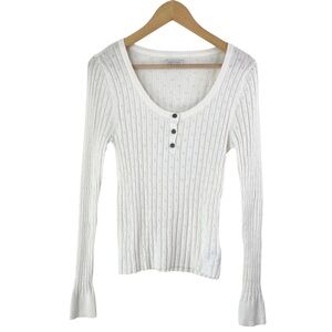 American Eagle Womens Ivory Cream Delicate Rib Knit Long Sleeve Henley Top Large